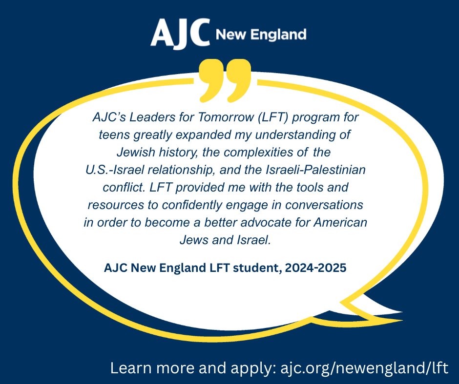 AJC_NE's tweet image. Applications are now open for AJC New England's 2025-2026 Leaders for Tomorrow (LFT) cohort!
LFT is an education and advocacy training program that empowers Jewish teens (10th-12th grade) to combat antisemitism, engage meaningfully with their communities, and advocate for the…