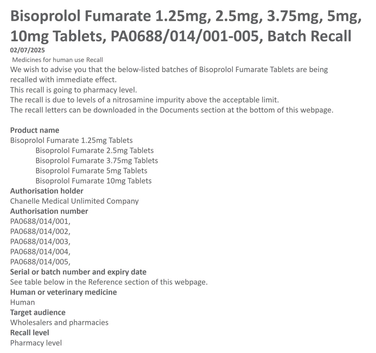 FormularyIE's tweet image. HPRA: Bisoprolol Fumarate 1.25mg, 2.5mg, 3.75mg, 5mg, 10mg Tablets, PA0688/014/001-005, Batch Recall - to pharmacy level
02/07/2025
@QueenAlocin @modohertympsi1 @louisapower @ConefreyPharmac @IrishPharmacy @AllcareIreland @McCartansPharma