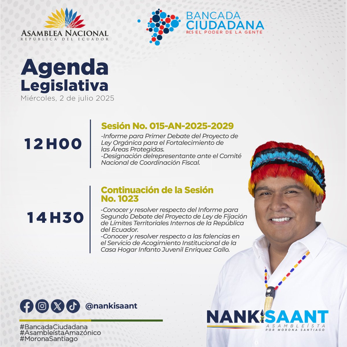 🗓️Acompáñenme a la agenda que cumpliré hoy en el pleno de la <a href="/AsambleaEcuador/">Asamblea Nacional</a>:

⏰12h00: Sesión No. 015-AN-2025-2029.
⏰14h30: Continuación de la Sesión No. 1023.

¡Fiscalización con resultados, cero impunidad! 

#AsambleístaAmazónico 🇪🇨