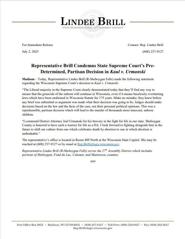 RepLindeeBrill's tweet image. What an absolutely appalling decision from the WI Supreme Court today.  

I will continue to fight to make abortion unthinkable in Wisconsin.

#makeabortionunthinkable @LiveAction @ProLifeWI @WIFamilyAction #prolife #alllivesmatter #lifebeginsatconception @StudentsforLife