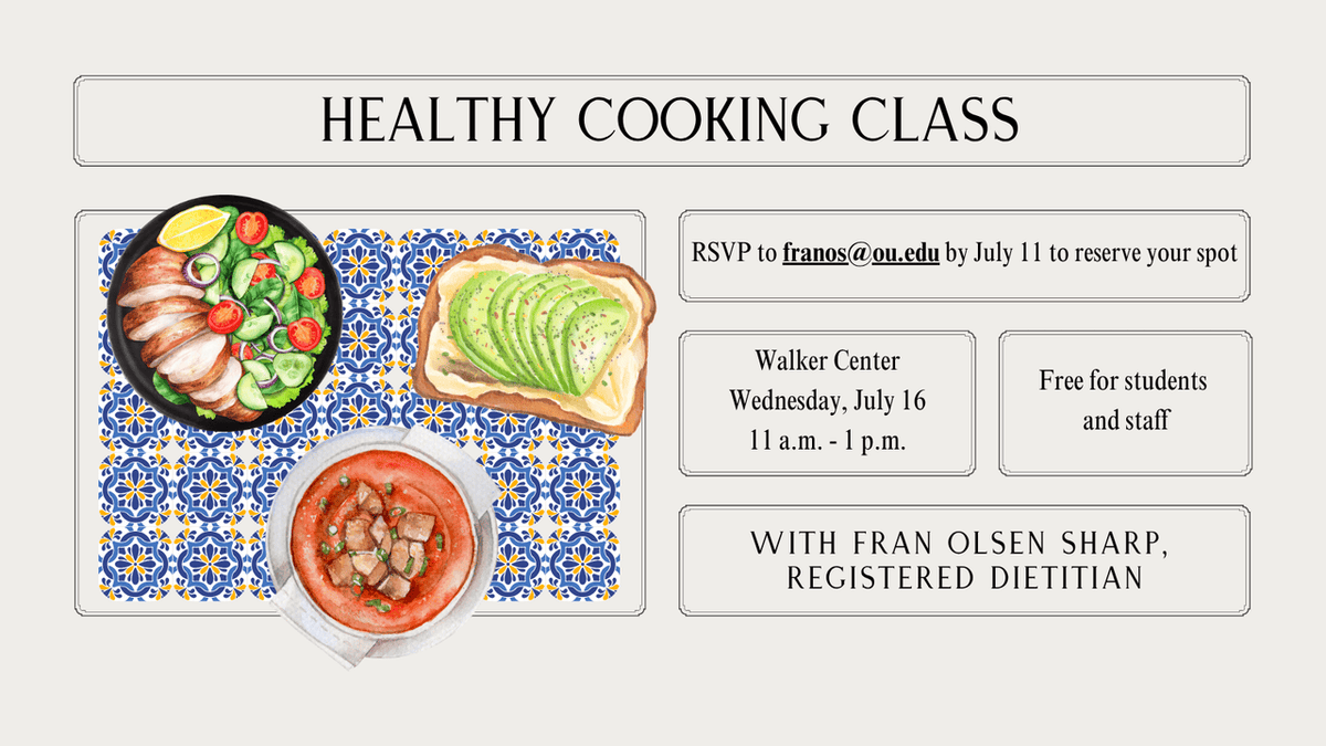 🥗 Want to stay cool for the summer? Join Fran, our registered dietitian, for a healthy cooking class featuring refreshing recipes!

📍 Where: Walker Center Kitchen
📅 When: July 16, 11 a.m. to 1 p.m.
😁 Who: Students, Faculty and Staff are encouraged to attend!
RSVP by July 11