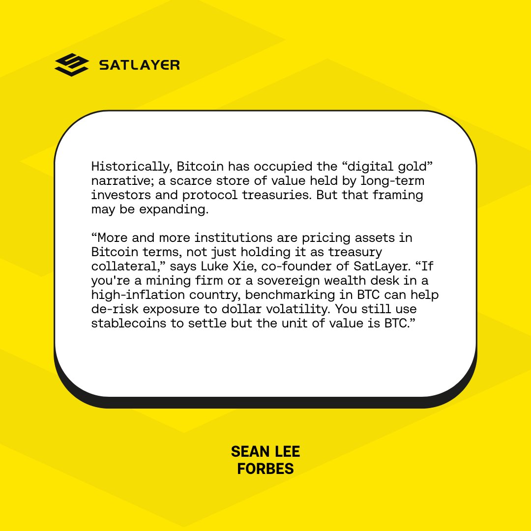 Bitcoin is quietly evolving from digital gold to a global benchmark.  SatLayer is at the forefront of this shift – laying the foundation for a  future priced, secured and powered by sats ⚡