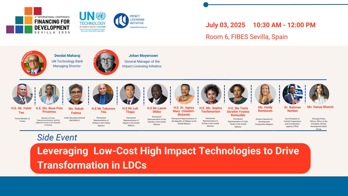 🚨 Last chance! Join us tomorrow at #FfD4 Sevilla.

🌿 Leveraging Low-Cost, High-Impact Technologies to Transform #LDCs.

Discover how Impact Licensing can accelerate solutions in health, energy &amp; more.

🗓️ 3 July, 10:30 AM - 12:00 pm
📍 FIBES Sevilla
🔗 Register now: