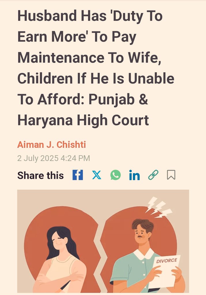 Deepika Narayan Bhardwaj (@deepikabhardwaj) on Twitter photo His Income : 57,600
Maintenance granted : 24,700
He appealed saying he has ailing mother and EMIs to pay, can't pay approximately 50% of salary & wife left with 2 kids for no reason
Court says
EARN MORE IT'S YOUR DUTY
Via <a href="/AimanChishti/">Aiman J. Chishti</a>
livelaw.in/high-court/pun⦠His Income : 57,600
Maintenance granted : 24,700
He appealed saying he has ailing mother and EMIs to pay, can't pay approximately 50% of salary & wife left with 2 kids for no reason
Court says
EARN MORE IT'S YOUR DUTY
Via <a href="/AimanChishti/">Aiman J. Chishti</a>
livelaw.in/high-court/punā¦