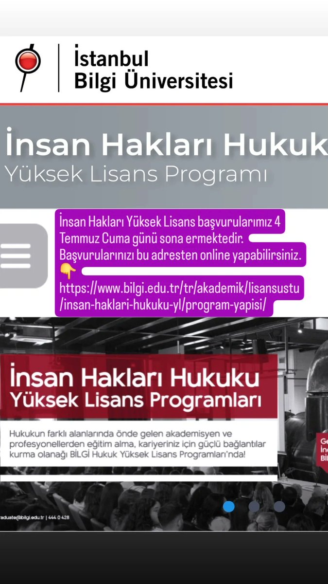 İstanbul Bilgi Üniversitesi İnsan Hakları  Yüksek Lisans programı için son başvuru tarihi 4 Temmuz Cuma günüdür. Bilgi ve başvuru için 👉bilgi.edu.tr/tr/akademik/li…