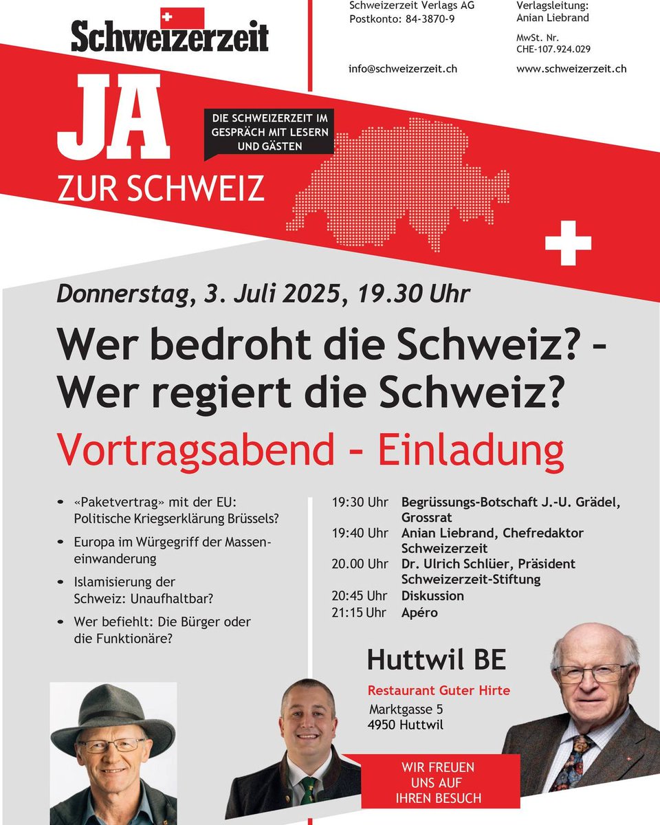 schweizerzeit's tweet image. Veranstaltungshinweis: Die Schweizerzeit im Gespräch mit ihren Lesern, am Donnerstag, 3. Juli 2025, 19.30 Uhr in Huttwil. schweizerzeit.ch/veranstaltung/…