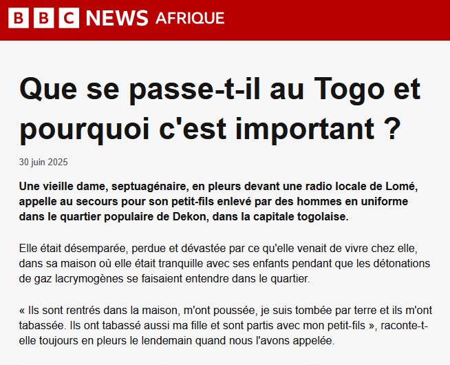 #Togo 🇹🇬 le régime nazi de Faure Gnassingbé a lancé un pogrom avec ses NAZILLONS en uniforme contre les pauvres populations, allant jusqu'à s'introduire dans leurs maisons. Ils agressent et humilient des grand-mères de 87 ans, sans défense. Ce sont de lâches brutes et