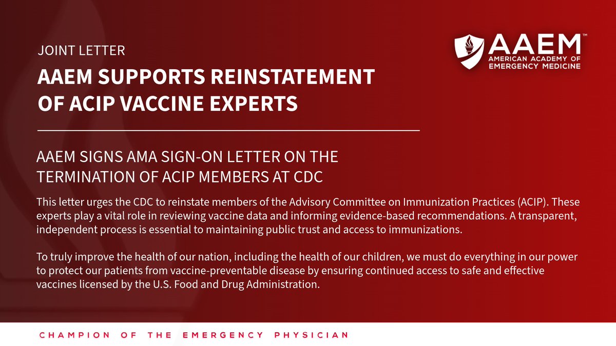 aaeminfo's tweet image. AAEM joined leading medical groups urging the CDC to reinstate ACIP members. Independent, evidence-based vaccine guidance is critical to public trust and access.

📄 Read the letter: aaem.org/statements/ama…

#EvidenceBasedMedicine #PublicHealth #Vaccines