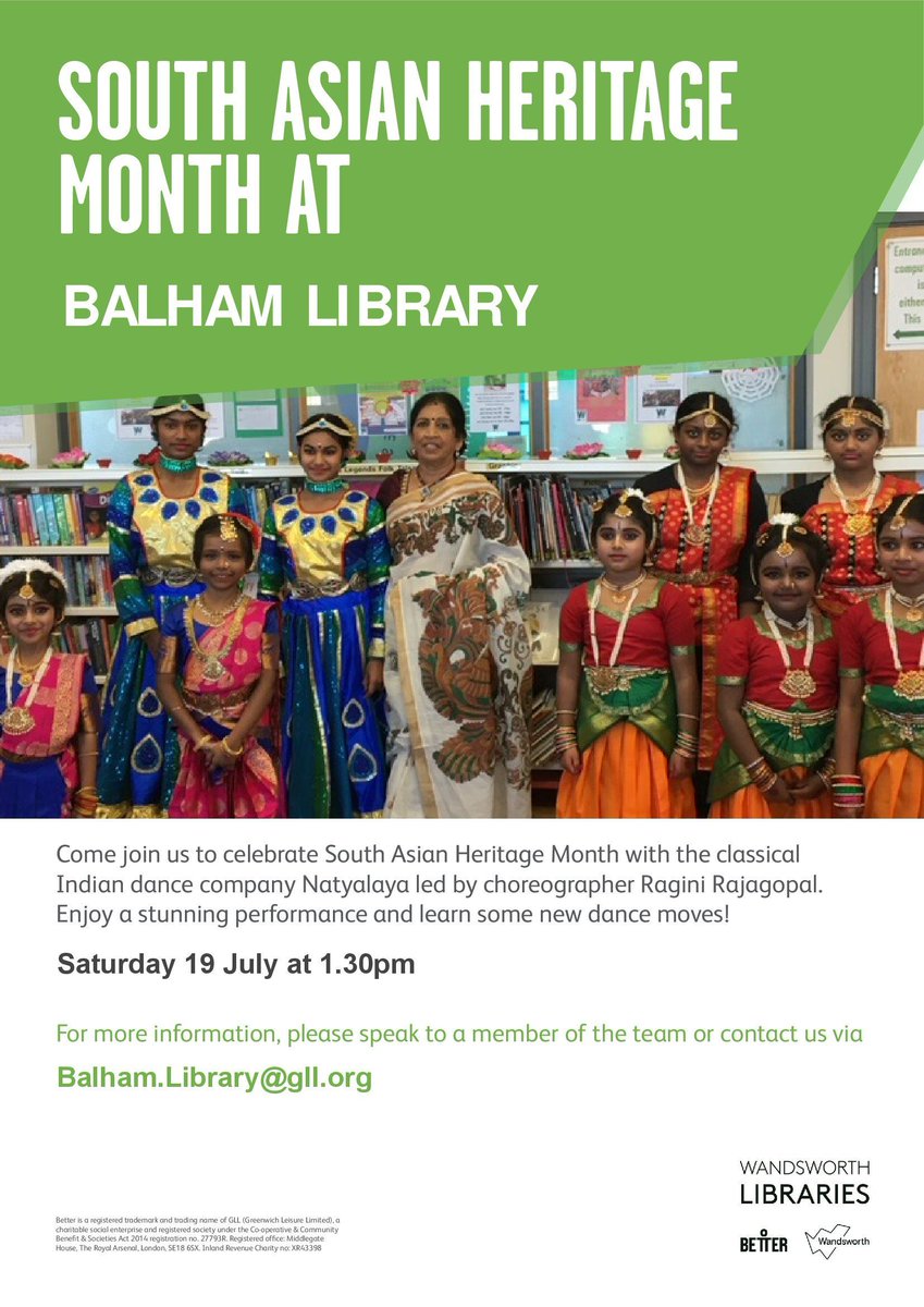 Better_Balham's tweet image. On Saturday 19 July at 1.30pm, Celebrate South Asian Heritage Month at Balham Library with the classical Indian dance company Natyalaya led by choreographer Ragini Rajagopal.
Enjoy a stunning performance and learn some new dance moves! 
#BalhamLibrary 
@WandsworthLibs @SAHM_UK