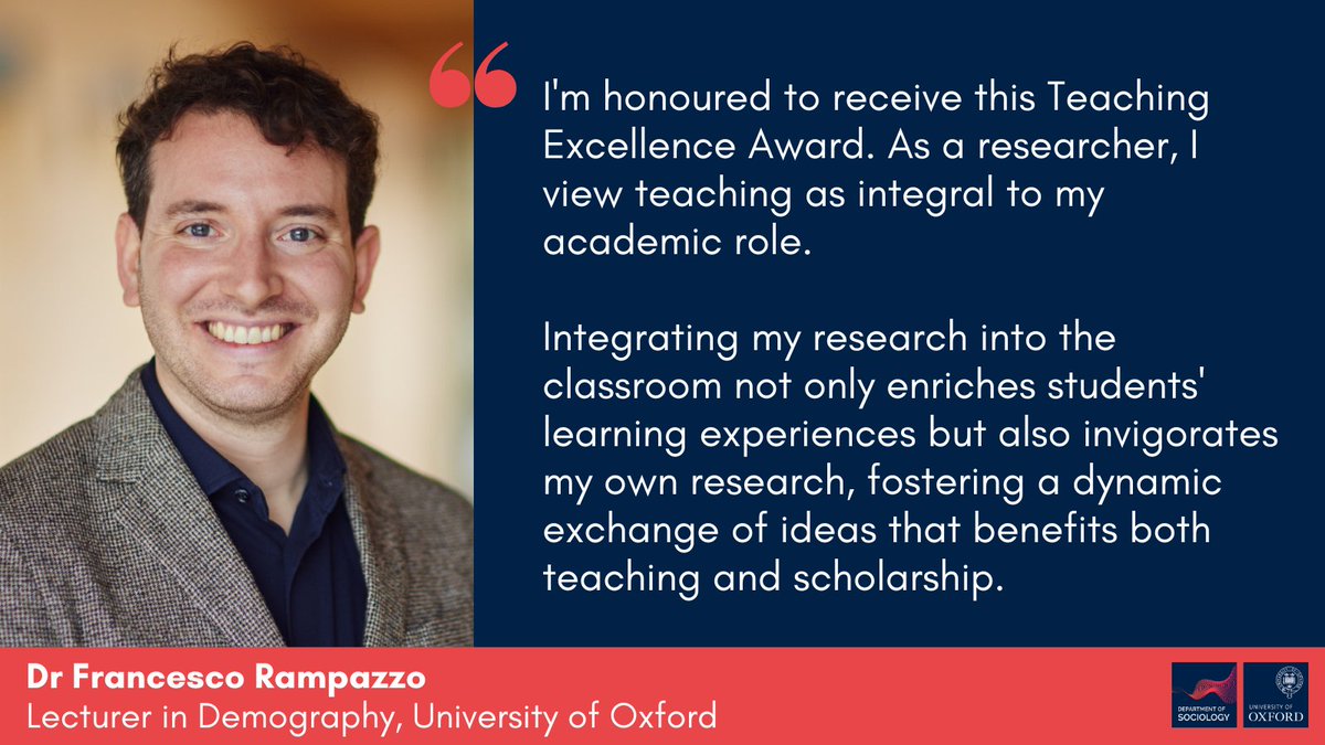 Sociology at Oxford (@sociologyoxford) on Twitter photo 🎉 Congrats to <a href="/chiccorampazzo/">Francesco Rampazzo</a>, winner of an <a href="/oxsocsci/">OxfordSocialSciences</a> Teaching Excellence Award for his innovative and inclusive teaching!
His approach includes using creative data sources like digital trace data to enrich student learning 🧑🎓
Read more ➡️ socsci.web.ox.ac.uk/article/winner… 🎉 Congrats to <a href="/chiccorampazzo/">Francesco Rampazzo</a>, winner of an <a href="/oxsocsci/">OxfordSocialSciences</a> Teaching Excellence Award for his innovative and inclusive teaching!
His approach includes using creative data sources like digital trace data to enrich student learning 🧑🎓
Read more ➡️ socsci.web.ox.ac.uk/article/winner…