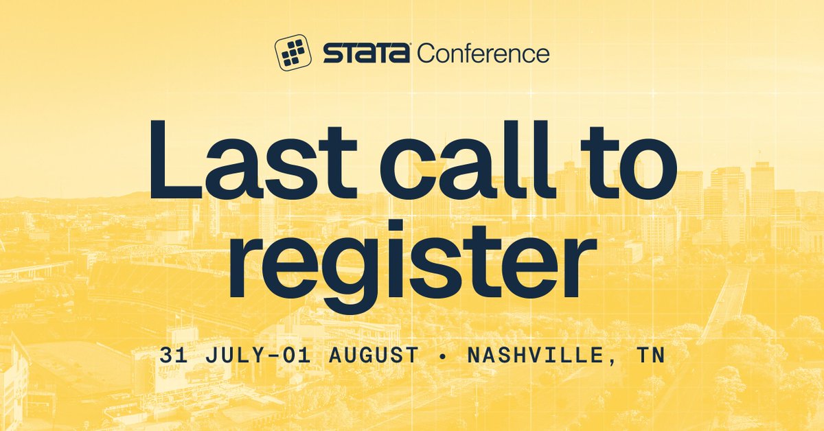 Stata's tweet image. Last call to register!
Join us in Nashville for the #Stata2025 Conference on 31 July–1 August.
Connect with Stata developers, attend insightful sessions, and celebrate 40 years of Stata.
Secure your spot: stata.com/us25
#Stata #StataConference #StatisticalSoftware
