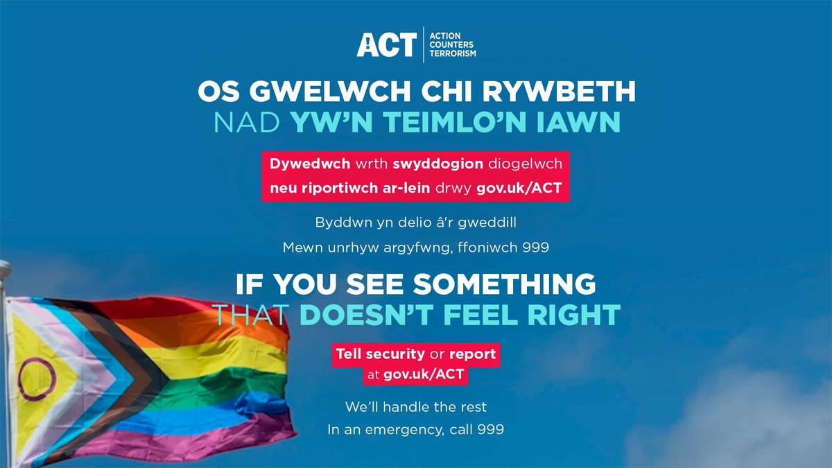 🌈Mae Pride Caerffili yn ôl y penwythnos hwn!

⚠️Byddwch yn wyliadwrus ac yn ymwybodol o'r hyn sydd o'ch cwmpas. Rhowch wybod am unrhyw beth nad yw'n teimlo'n iawn i swyddog diogelwch neu roi gwybod ar-lein yn gyfrinachol yn act.campaign.gov.uk

📞Mewn argyfwng, ffoniwch 999