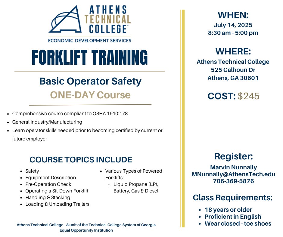 Athens Technical College (@athenstechga) on Twitter photo Join us on July 14th for our Basic Forklift Certification course. This is a ONE-DAY course. To register, please contact Marvin Nunnally at MNunnally@AthensTech.edu or 706-369-5876. Join us on July 14th for our Basic Forklift Certification course. This is a ONE-DAY course. To register, please contact Marvin Nunnally at MNunnally@AthensTech.edu or 706-369-5876.
