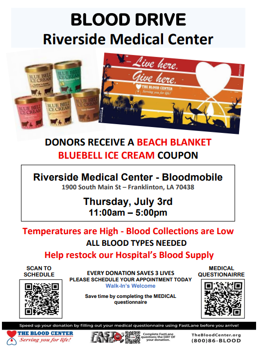 RMChospital's tweet photo. 🩸 Blood Drive Alert! 🩸

Join us for our upcoming Blood Drive and all donors will receive a FREE beach blanket 🏖️ and a Blue Bell Ice Cream coupon 🍦!
📅 Thursday, July 3, 2025
🕘 11:00 am - 5:00 pm 
📍 Riverside Medical Center, 1900 Main Street      Front Parking Lot https://t.co/8clVeOAUz5