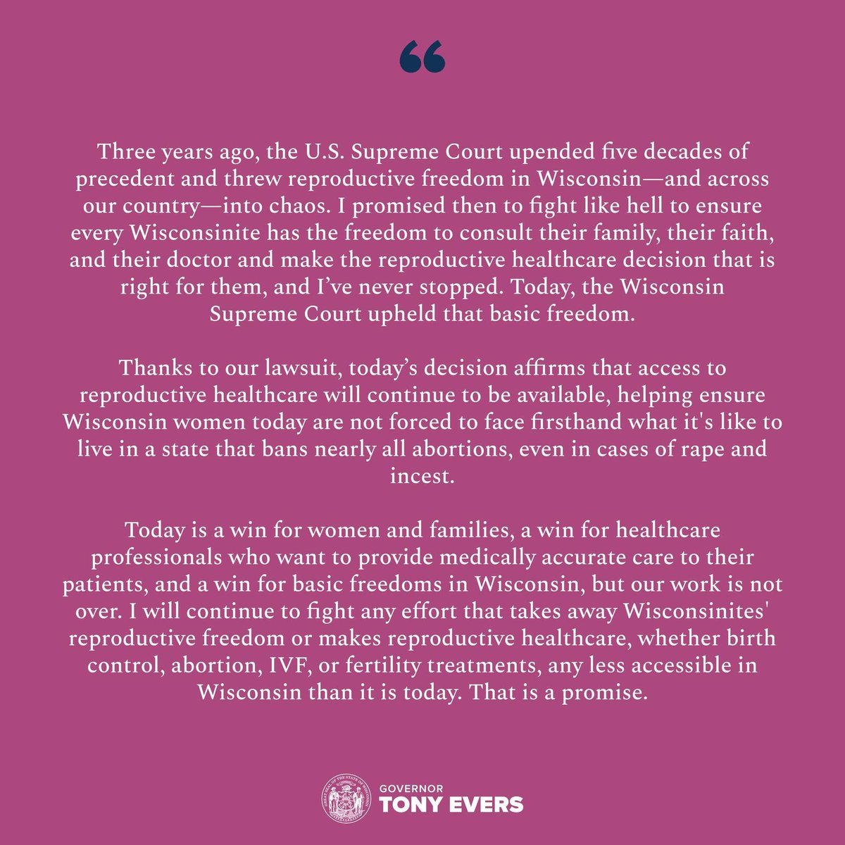 BREAKING: We won! In a lawsuit we brought more than three years ago now, the Wisconsin Supreme Court just ruled to protect reproductive freedom in our state and preserve Wisconsinites' access to abortion care.

My statement below ⬇️