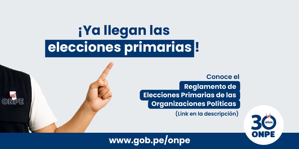 🔵 ¡Se acercan las elecciones primarias de organizaciones políticas!

📌 Recuerda: Es muy importante estar informados para un proceso electoral ordenado y sin dificultades.

🗓 Lee el reglamento completo aquí 👉 gob.pe/institucion/on…

#EleccionesPrimarias #EG2026