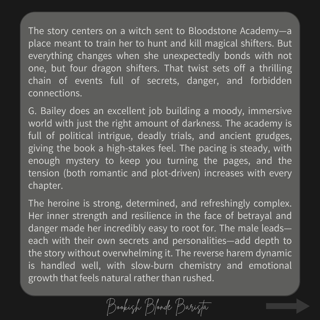 bookishbb's tweet image. Just devoured We Hunt the Night by G. Bailey.
💀 Witches vs. shifters
🐉 Bonded dragon mates
🏫 Dark magical academy
10/10 for fans of fated mates, enemies-to-lovers, and slow-burn reverse harem.
#WeHuntTheNight #GBailey #Romantasy #ReverseHarem #BookRecommendations