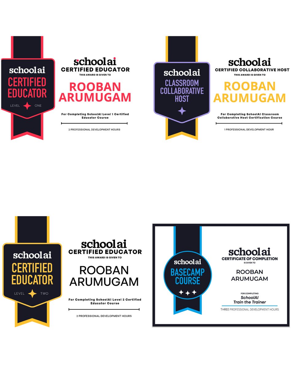 🎓 Just completed multiple certifications with <a href="/GetSchoolAI/">SchoolAI</a>
✅ Level 1 &amp; 2 Certified Educator
✅ Certified Collaborative Host
✅ Train the Trainer
SchoolAI is a game-changer for teachers:
Try it. Teach smarter. 🚀
#EdTech #AIinEducation #SchoolAI #TeacherLife