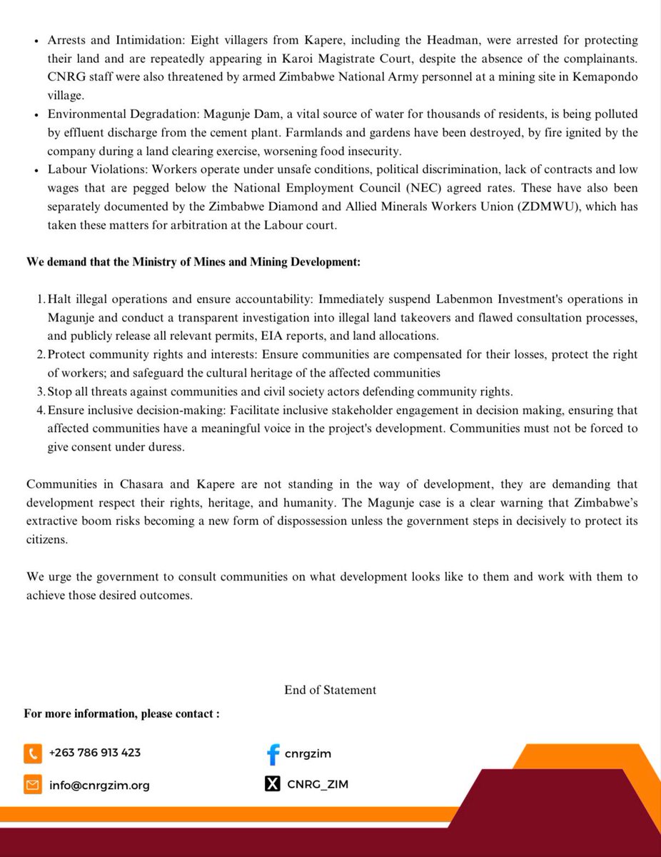 🔴 PRESS STATEMENT | CALL FOR URGENT GOVERNMENT INTERVENTION IN MAGUNJE

The Centre for Natural Resource Governance (CNRG) is calling on the Government of Zimbabwe to immediately halt illegal operations and address human rights violations, forced displacements, and environmental