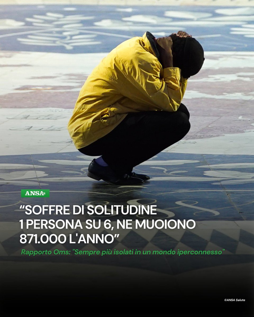 ANSA Salute & Benessere (@ansa_salute) on Twitter photo Una persona su sei nel mondo soffre di #solitudine, con un forte impatto sulla salute fisica e mentale: per le sue conseguenze muoiono 871.000 persone ogni anno nel mondo. Lo afferma un rapporto dell'Organizzazione Mondiale della Sanità <a href="/WHO/">World Health Organization (WHO)</a>.
#ANSASalute
➡bit.ly/46lgmMs Una persona su sei nel mondo soffre di #solitudine, con un forte impatto sulla salute fisica e mentale: per le sue conseguenze muoiono 871.000 persone ogni anno nel mondo. Lo afferma un rapporto dell'Organizzazione Mondiale della Sanità <a href="/WHO/">World Health Organization (WHO)</a>.
#ANSASalute
➡bit.ly/46lgmMs