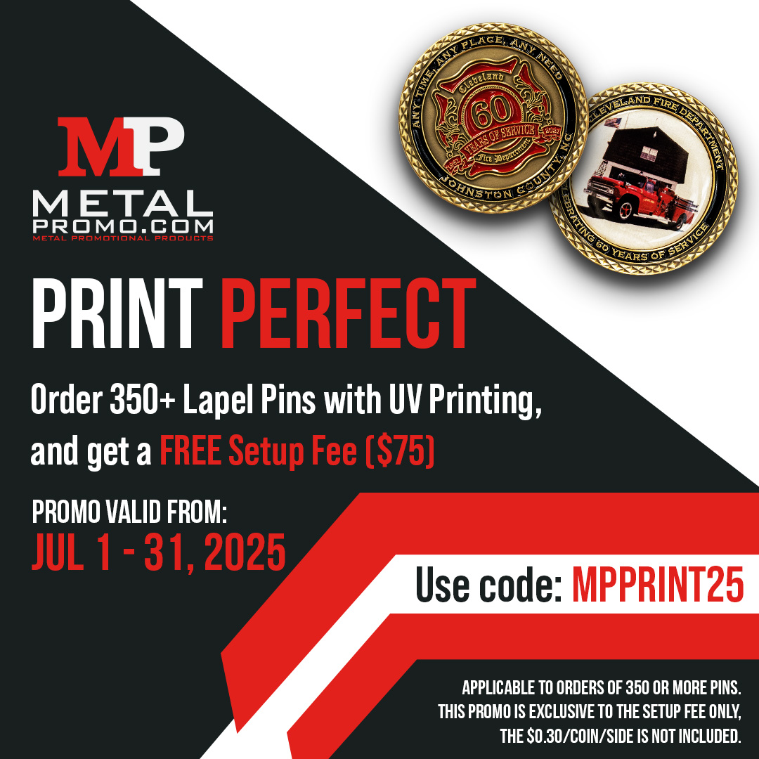 Bring bold designs to life—no setup fee required. 🔥
Get crisp, vibrant designs with UV Printing—now with a FREE Setup Fee! Order 350+ Lapel Pins with UV Printing this month and SAVE $75 instantly.

It’s the sharpest deal for bold branding and high-detail looks. Valid through
