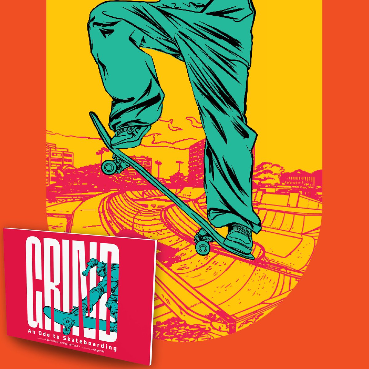 In 'Grind: An Ode to Skateboarding,' by Carole Boston Weatherford &amp; Néstor Omar García López, this rhythmic ode to skateboarding shown through graphic art beckons readers to hop on, cause you're sure to be Olympics bound! Out 9/23

Preorder Now→ hubs.ly/Q03t2Q-P0