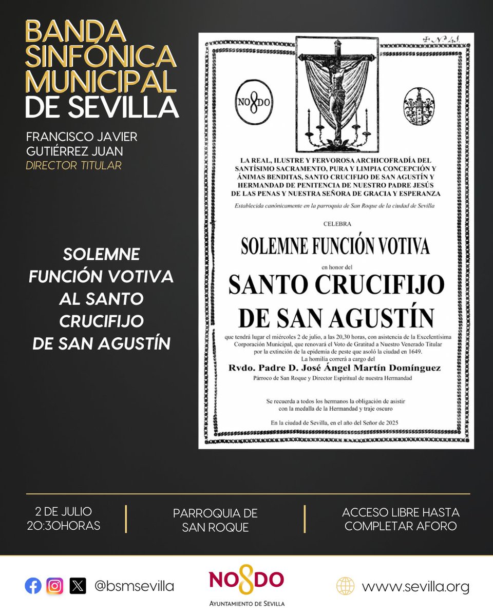 Banda Sinfónica Municipal de Sevilla (@bsmsevilla) on Twitter photo 📅 Hoy, 2 de julio, a las 20:30h, la <a href="/BSMSevilla/">Banda Sinfónica Municipal de Sevilla</a> estará presente en la Parroquia de San Roque (<a href="/PSanRoqueSev/">Parroquia de San Roque (Sevilla)</a> ) en la 𝗦𝗼𝗹𝗲𝗺𝗻𝗲 𝗙𝘂𝗻𝗰𝗶𝗼́𝗻 𝗩𝗼𝘁𝗶𝘃𝗮 𝗮𝗹 𝗦𝗮𝗻𝘁𝗼 𝗖𝗿𝘂𝗰𝗶𝗳𝗶𝗷𝗼 𝗱𝗲 𝗦𝗮𝗻 𝗔𝗴𝘂𝘀𝘁𝗶́𝗻 de <a href="/HdadSanRoque/">Hdad de San Roque</a> <a href="/Ayto_Sevilla/">Ayuntamiento de Sevilla</a> <a href="/ElConsejoSev/">Consejo HH y CC Sevilla</a> 📅 Hoy, 2 de julio, a las 20:30h, la <a href="/BSMSevilla/">Banda Sinfónica Municipal de Sevilla</a> estará presente en la Parroquia de San Roque (<a href="/PSanRoqueSev/">Parroquia de San Roque (Sevilla)</a> ) en la 𝗦𝗼𝗹𝗲𝗺𝗻𝗲 𝗙𝘂𝗻𝗰𝗶𝗼́𝗻 𝗩𝗼𝘁𝗶𝘃𝗮 𝗮𝗹 𝗦𝗮𝗻𝘁𝗼 𝗖𝗿𝘂𝗰𝗶𝗳𝗶𝗷𝗼 𝗱𝗲 𝗦𝗮𝗻 𝗔𝗴𝘂𝘀𝘁𝗶́𝗻 de <a href="/HdadSanRoque/">Hdad de San Roque</a> <a href="/Ayto_Sevilla/">Ayuntamiento de Sevilla</a> <a href="/ElConsejoSev/">Consejo HH y CC Sevilla</a>