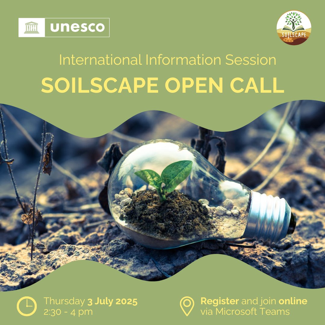 UNESCO Venice Office (@unescovenice) on Twitter photo 📢Mark your calendars for the <a href="/SOILSCAPE_EU/">SOILSCAPE Project</a> #OpenCall webinar!
🎨 Are you an artist, communicator, or creative practitioner passionate about the #environment?🌱
On 3 July, join <a href="/UNESCO/">UNESCO 🏛️ #Education #Sciences #Culture 🇺🇳</a> for this online session and support #SoilScience through art.🤝
✍️bit.ly/46kMpvU 📢Mark your calendars for the <a href="/SOILSCAPE_EU/">SOILSCAPE Project</a> #OpenCall webinar!
🎨 Are you an artist, communicator, or creative practitioner passionate about the #environment?🌱
On 3 July, join <a href="/UNESCO/">UNESCO 🏛️ #Education #Sciences #Culture 🇺🇳</a> for this online session and support #SoilScience through art.🤝
✍️bit.ly/46kMpvU