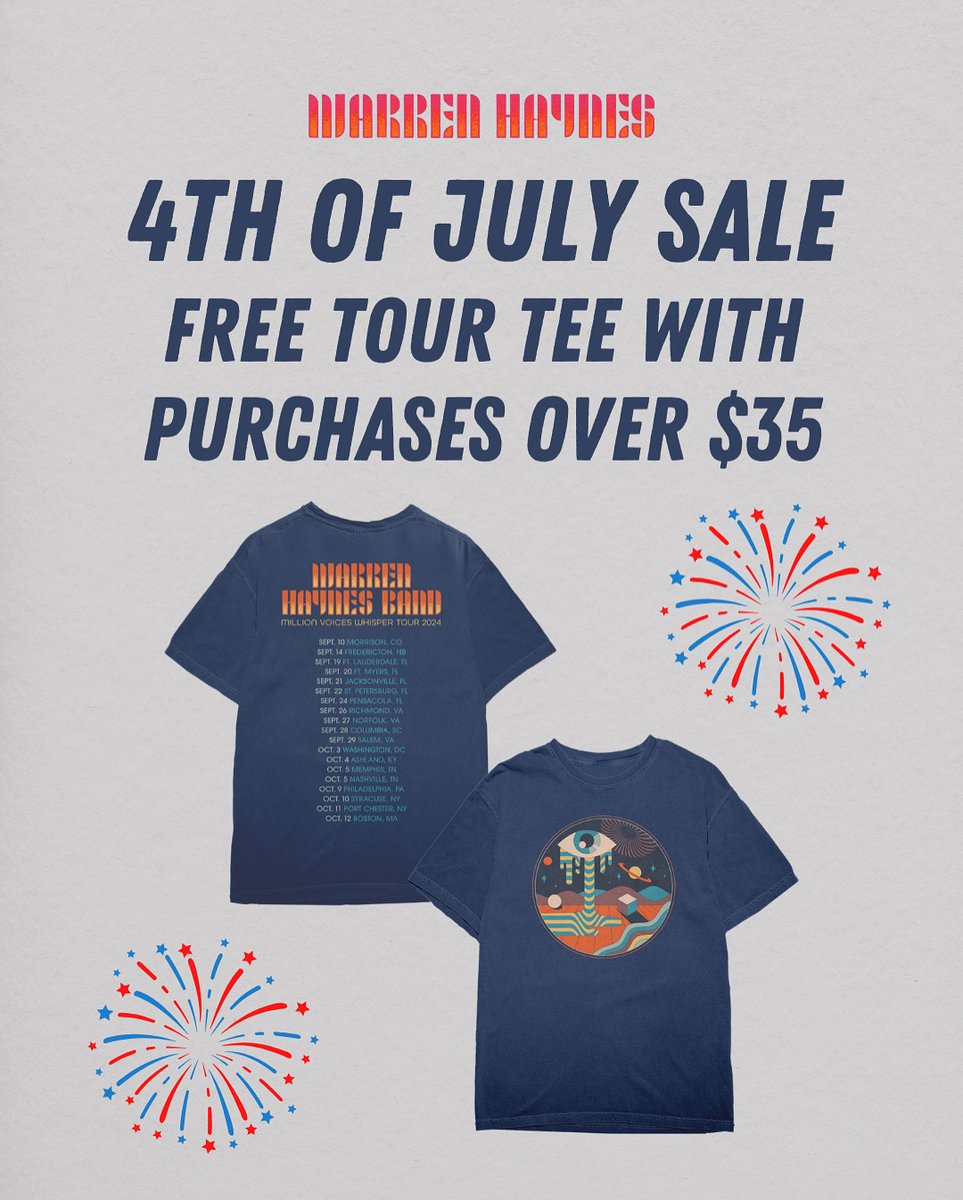 thewarrenhaynes's tweet image. While we may be across the pond, we haven’t forgotten about our fans back home…
To celebrate Independence Day, we’re giving a tour t-shirt when you spend $35 or more from July 2-5 in the online store. No code needed >>> warrenhaynes.themerchcollective.com