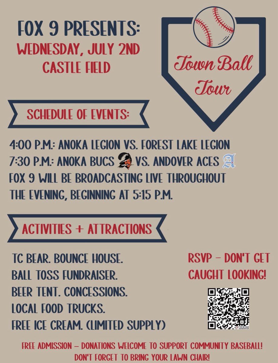 AndoverAces's tweet photo. Aces Fox 9 Town Ball Tour Gameday! ♠️

🆚 @AnokaBucs 
📍Anoka           
🏟️ Castle Field             
🕣 7:30
☀️ 84° https://t.co/JGMH7j4iCv