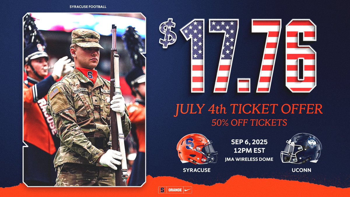 CusePromos's tweet image. Celebrate the founding of America with this exclusive one-day offer! In honor of July 4th, snag $17.76 tickets to the first home game of the season as @CuseFootball kicks off against UConn on Saturday, Sept. 6 at 12 PM at the JMA Wireless Dome. 🇺🇸🏈🍊
🎟️: gofevo.com/event/Cuse4tho…