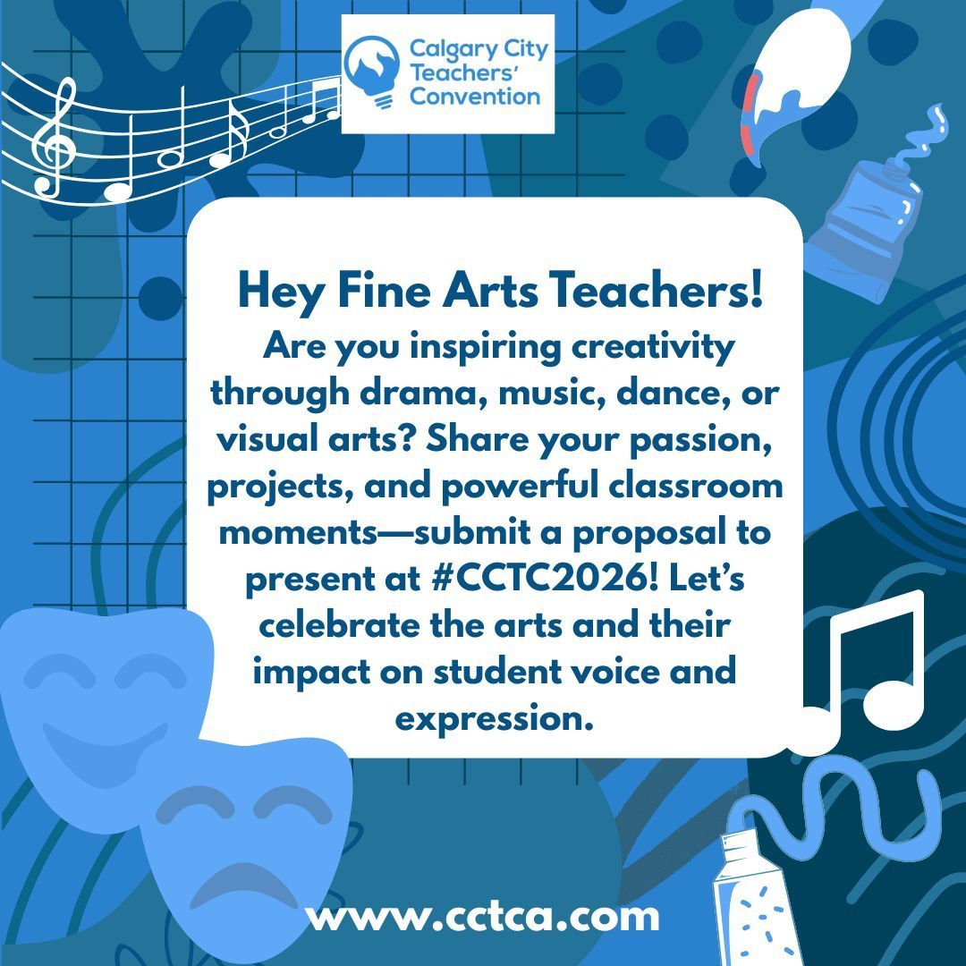 CCTCA (@cctca) on Twitter photo Fine Arts Teachers, we need you! Apply now to be a speaker or to host a session at Calgary City Teachers' Convention! #CCTC2026 #FineArts #MusicTeachers #ArtTeachers #DramaTeachers #DanceTeachers Fine Arts Teachers, we need you! Apply now to be a speaker or to host a session at Calgary City Teachers' Convention! #CCTC2026 #FineArts #MusicTeachers #ArtTeachers #DramaTeachers #DanceTeachers