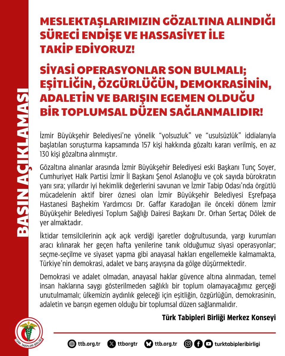 Meslektaşlarımızın Gözaltına Alındığı Süreci Endişe ve Hassasiyet ile Takip Ediyoruz!

Siyasi Operasyonlar Son Bulmalı; Eşitliğin, Özgürlüğün, Demokrasinin, Adaletin ve Barışın Egemen Olduğu Bir Toplumsal Düzen Sağlanmalıdır!

İzmir Büyükşehir Belediyesi’ne yönelik “yolsuzluk” ve