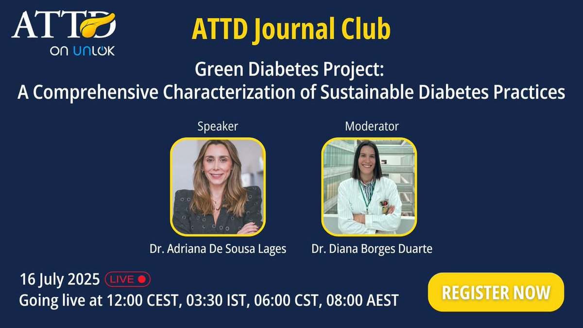 🫵 Mark your calendars for our next #ATTDJournalClub!

🗓️ Wednesday, 16 July
🕓 12:00 CEST
👩‍⚕️ Experts: Dr. Adriana De Sousa Lages &amp; Dr. Diana Borges Duarte

👉 REGISTER NOW: bit.ly/3TnSGPX
📖 Read the article here: bit.ly/3TnRLPv

#ATTDEducation #Diabetes