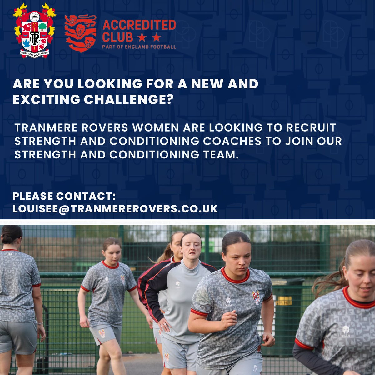 Tranmere Rovers Women and Girls (@trfcwomen) on Twitter photo ⚽️At Tranmere Rovers Women, we are looking for Strength and Conditioning coaches to join our coaching team within our Women's and Girls section.
📩Please email LouiseE@tranmererovers.co.uk to register your interest in joining the coaching team.
#TRFC #SWA ⚽️At Tranmere Rovers Women, we are looking for Strength and Conditioning coaches to join our coaching team within our Women's and Girls section.
📩Please email LouiseE@tranmererovers.co.uk to register your interest in joining the coaching team.
#TRFC #SWA