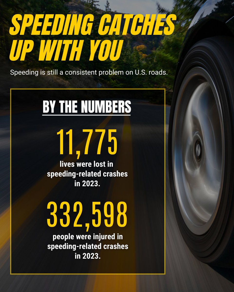 Speeding is deadly.

New data show that speeding contributed to 29% of all traffic fatalities in 2023. Safety starts with safe drivers — slow down!

Speeding Catches Up With You: nhtsa.gov/press-releases…