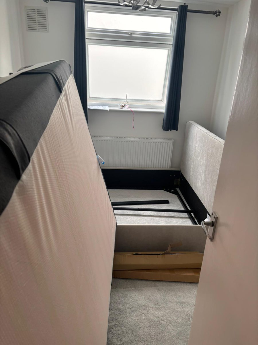 scrumps81's tweet photo. @JohnLewisRetail expected better. Paid for specific delivery &amp; £150 assembly. Bed arrived late and the guys sent couldnt put together so have left my room like this - been on hold for 30+ mins to ‘customer service’ shambolic https://t.co/ljxOys36VW