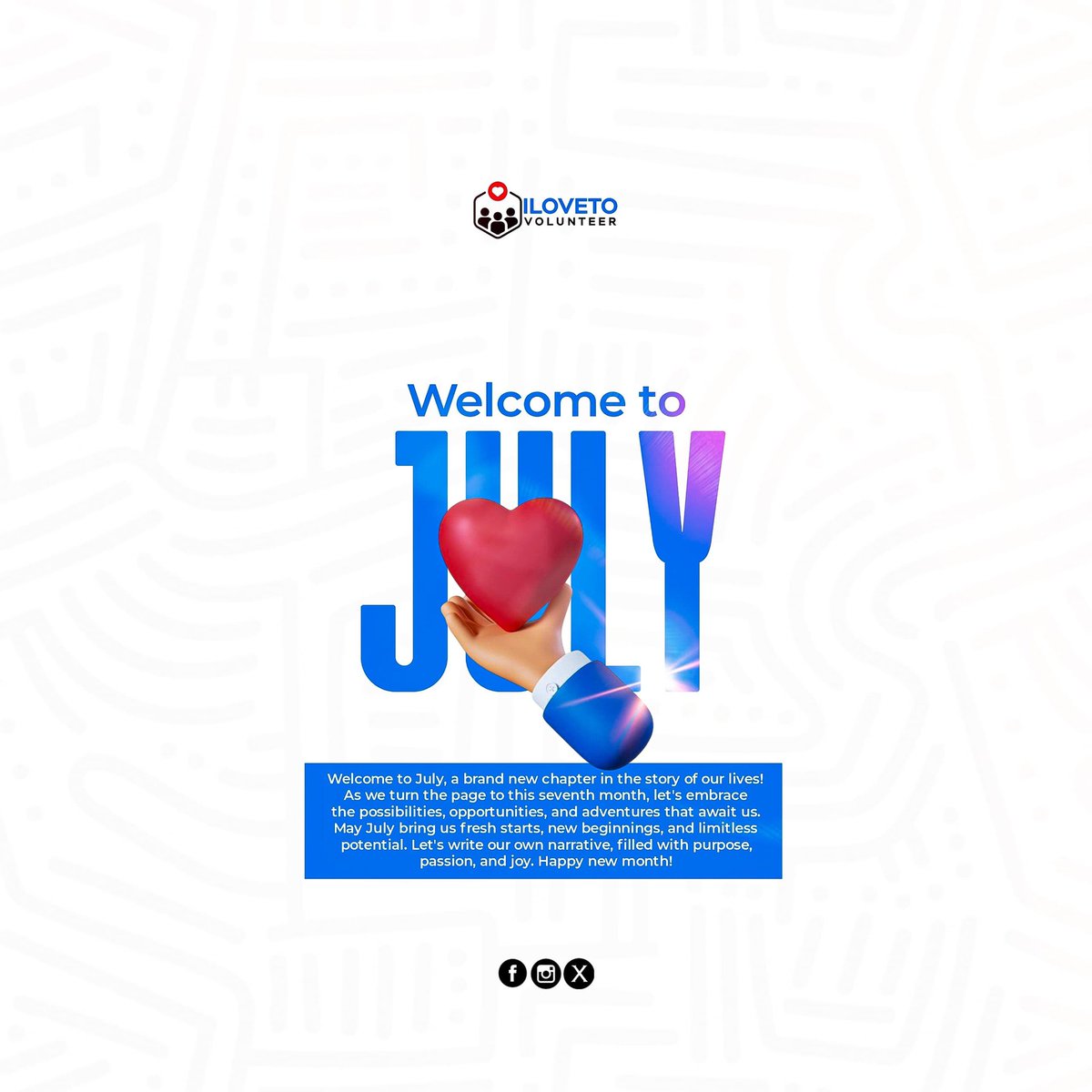 July! July!! July!!!

Happy New Month, people🎊🎊
It's the beginning of the second half of the year!!

May July bring us fresh starts, new beginnings, and new opportunities. 

What are you doing differently this second half of the year?
#ilovetovolunteer 
#july