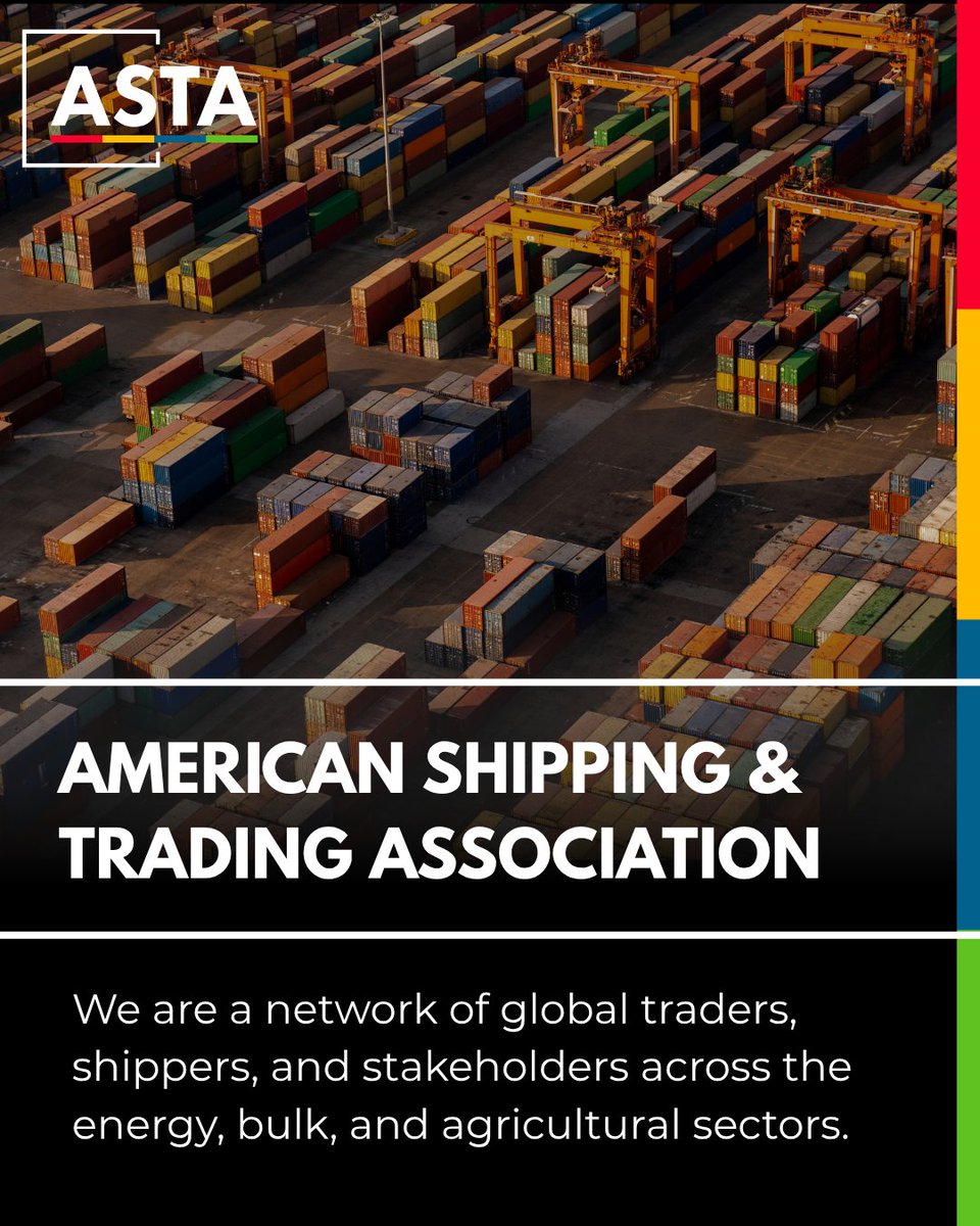 TradeWithASTA's tweet photo. We're the American Shipping and Trading Association (ASTA), dedicated to empowering international commodity traders, shippers, and logistics professionals across energy, bulk, and agriculture. https://t.co/vpdCHg3EWw