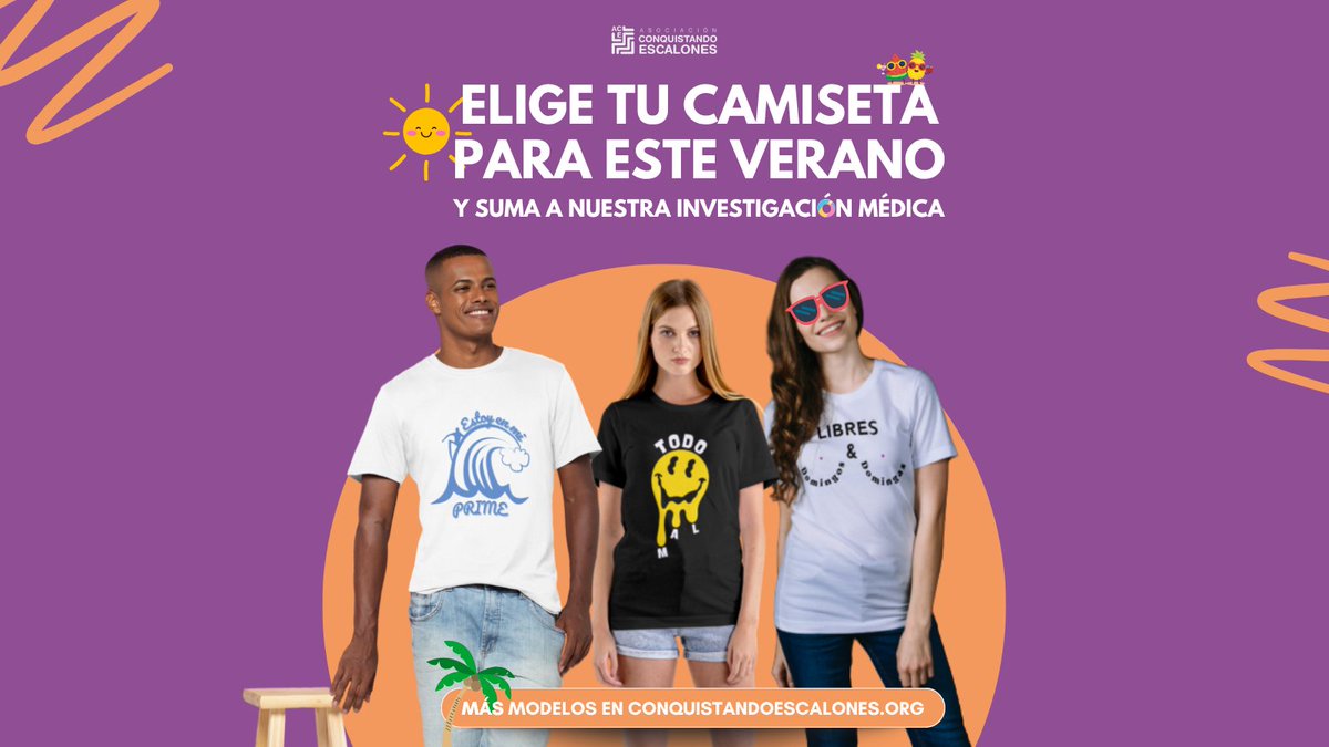 Este verano presume de camiseta original 🌞

Comprando una de nuestras camisetas unisex:
😎 Luces un divertido mensaje
🔬 Sumas en la investigación de la Distrofia Muscular LGMDD2 y el VIH

👕 Elige un modelo o crea el tuyo propio: conquistandoescalones.org/tendencias-y-p…