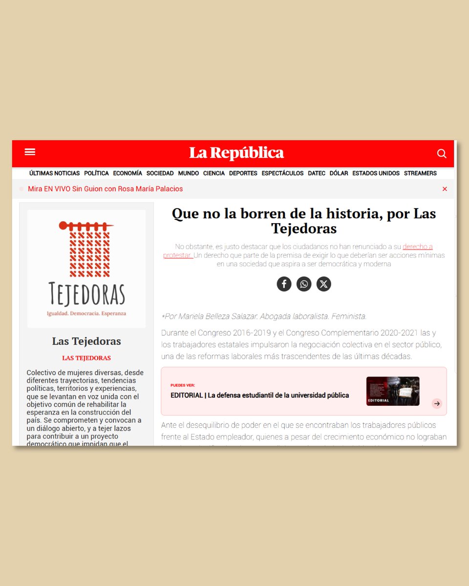 ✊🏽Que no la borren de la historia.
La negociación colectiva en el Estado fue una conquista de dignidad y justicia laboral. Hoy recordamos quiénes lucharon por ella.
#MirthaVásquez 

Columna de <a href="/Lastejedoras_pe/">Las Tejedoras</a> por Mariella Belleza la en <a href="/larepublica_pe/">La República</a> 

👉bit.ly/3G4Kyks