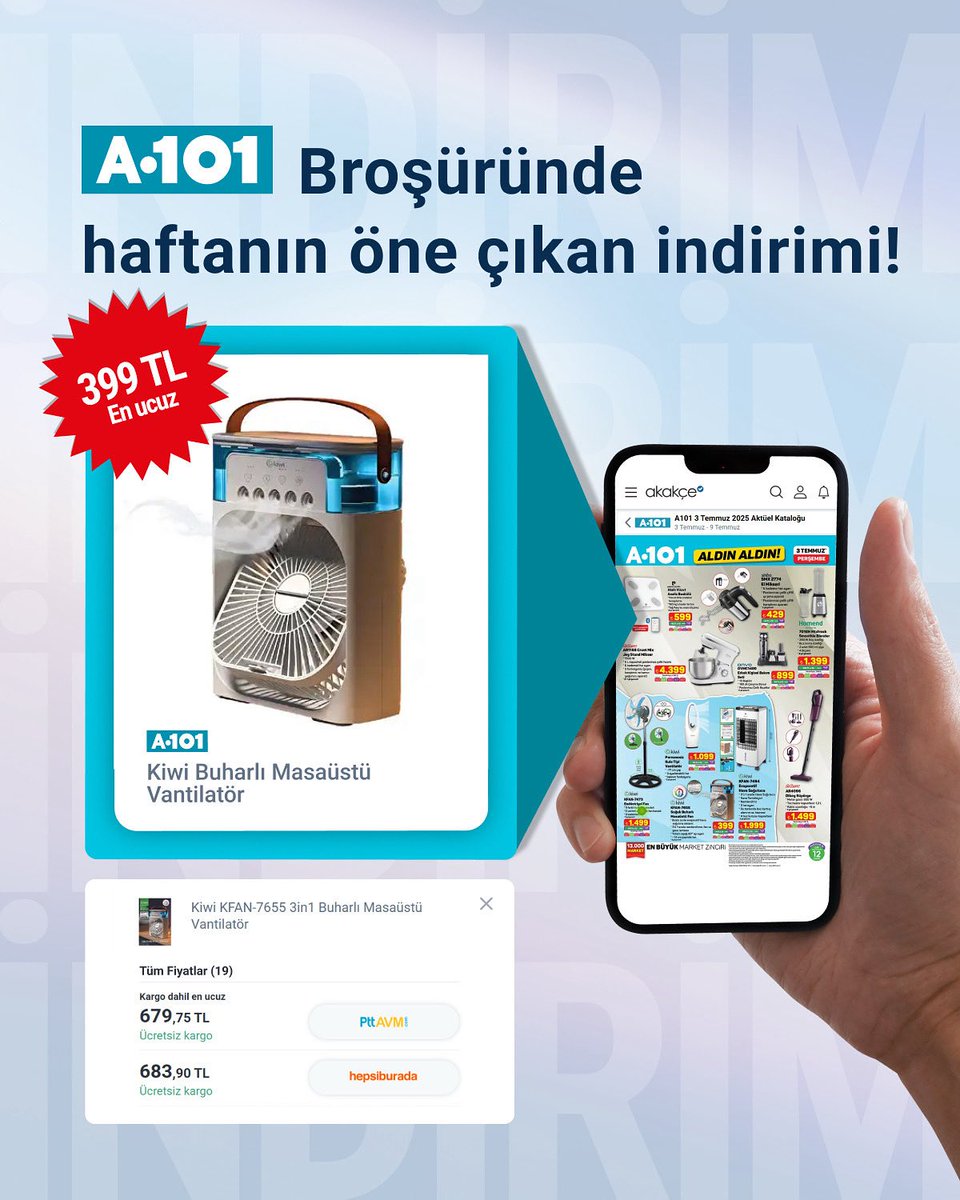 Kiwi buharlı vantilatör, Akakçe’de listelenen 19 fiyat arasında 3 Temmuz A101 broşüründe en uygun fiyatla satışta.

Daha fazla kampanya için Akakçe broşür sayfasına göz atın.📢

akakce.com/vantilator/en-…

*Fiyat ve stok bilgileri anlık olarak değişebilir.

#akakçe #A101aktüel