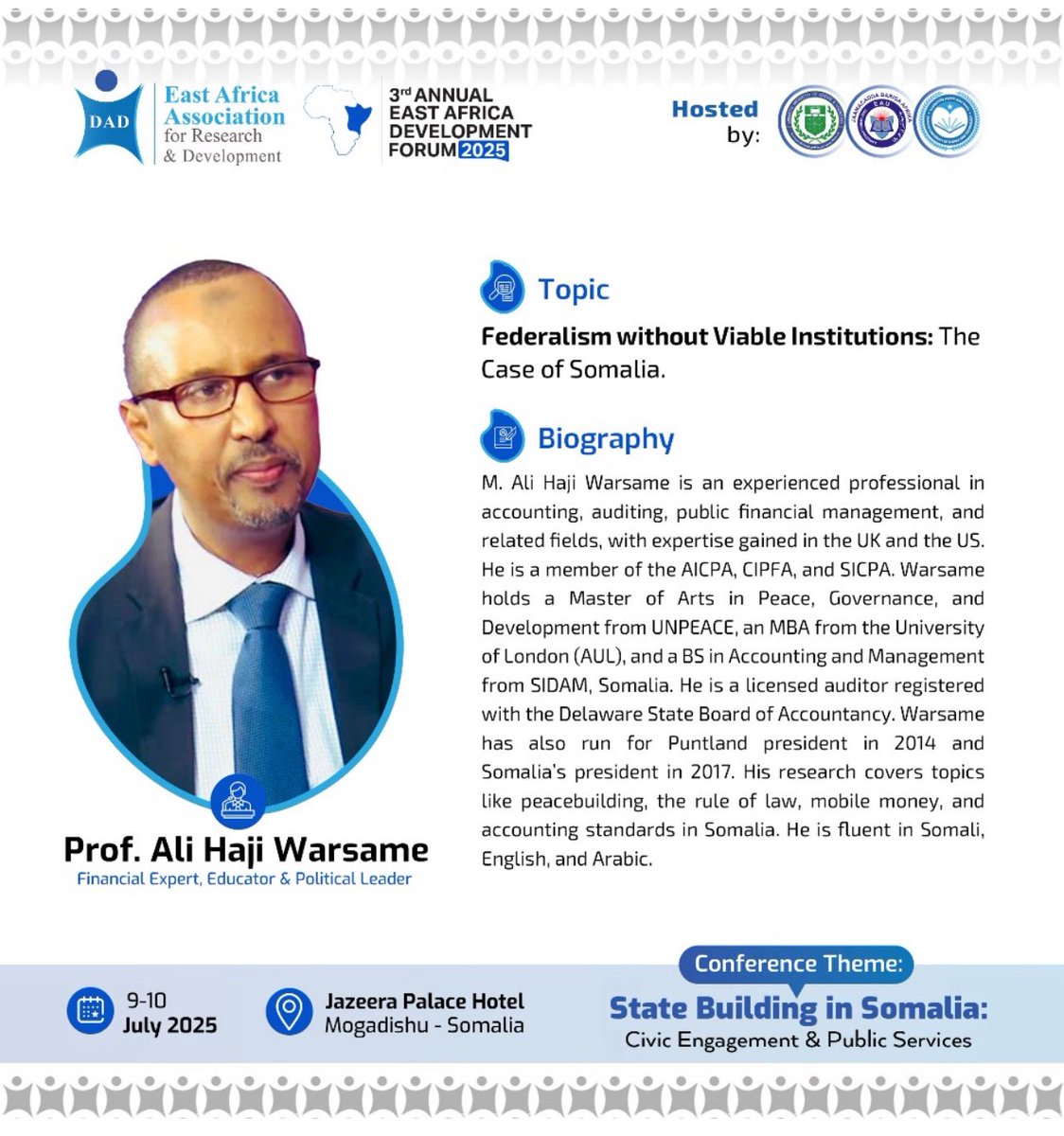 I'm truly humbled to participate in the 3rd Annual East Africa Development Forum, which will take place from July 9 to July 10, 2025.

🎤 I’ll be presenting my article:
“Federalism without Viable Institutions: The Case of Somalia”

#EADF2025 #Somalia #CivicEducation