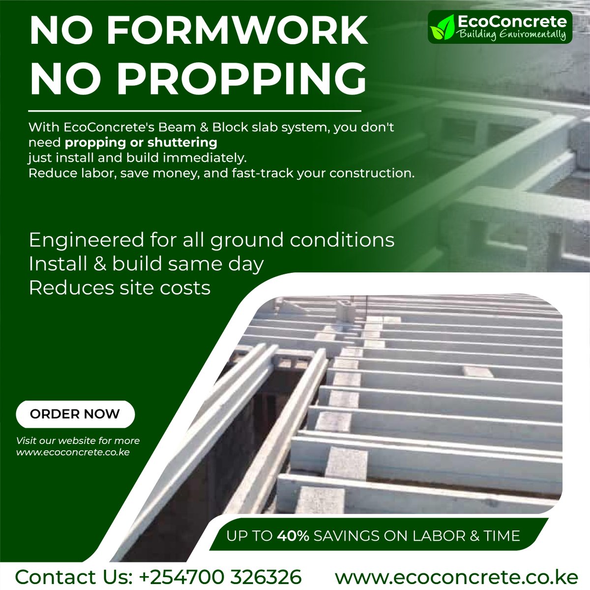 The EcoConcrete ready floor slab system eliminates the need for formwork and propping, offering a faster and more efficient construction process. Unlike traditional cast-in-situ slabs that require time-consuming support structures and curing periods, the precast design of the