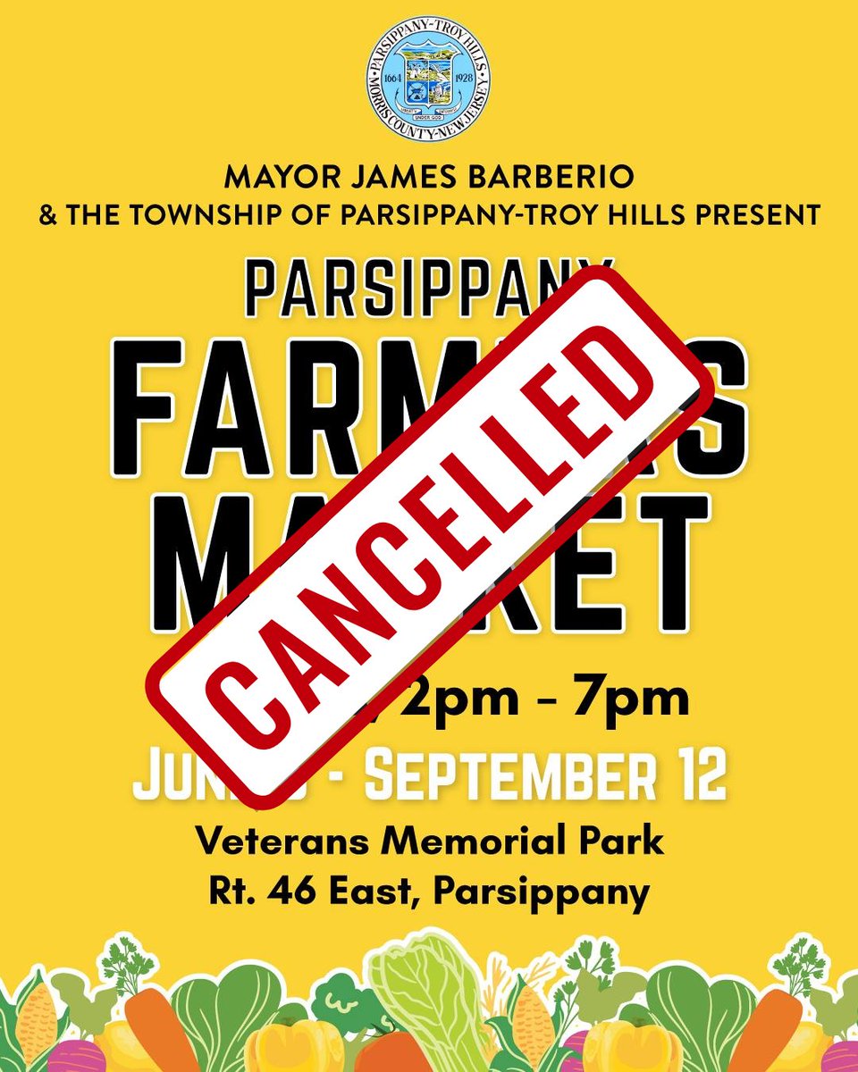 The Parsippany Farmers Market will be closed this Friday, July 4th, in observance of Independence Day. 🇺🇸

We’ll see you back at Veterans Memorial Park next week — Friday, July 11th, from 2 PM to 7 PM! 🥕🧺🍯