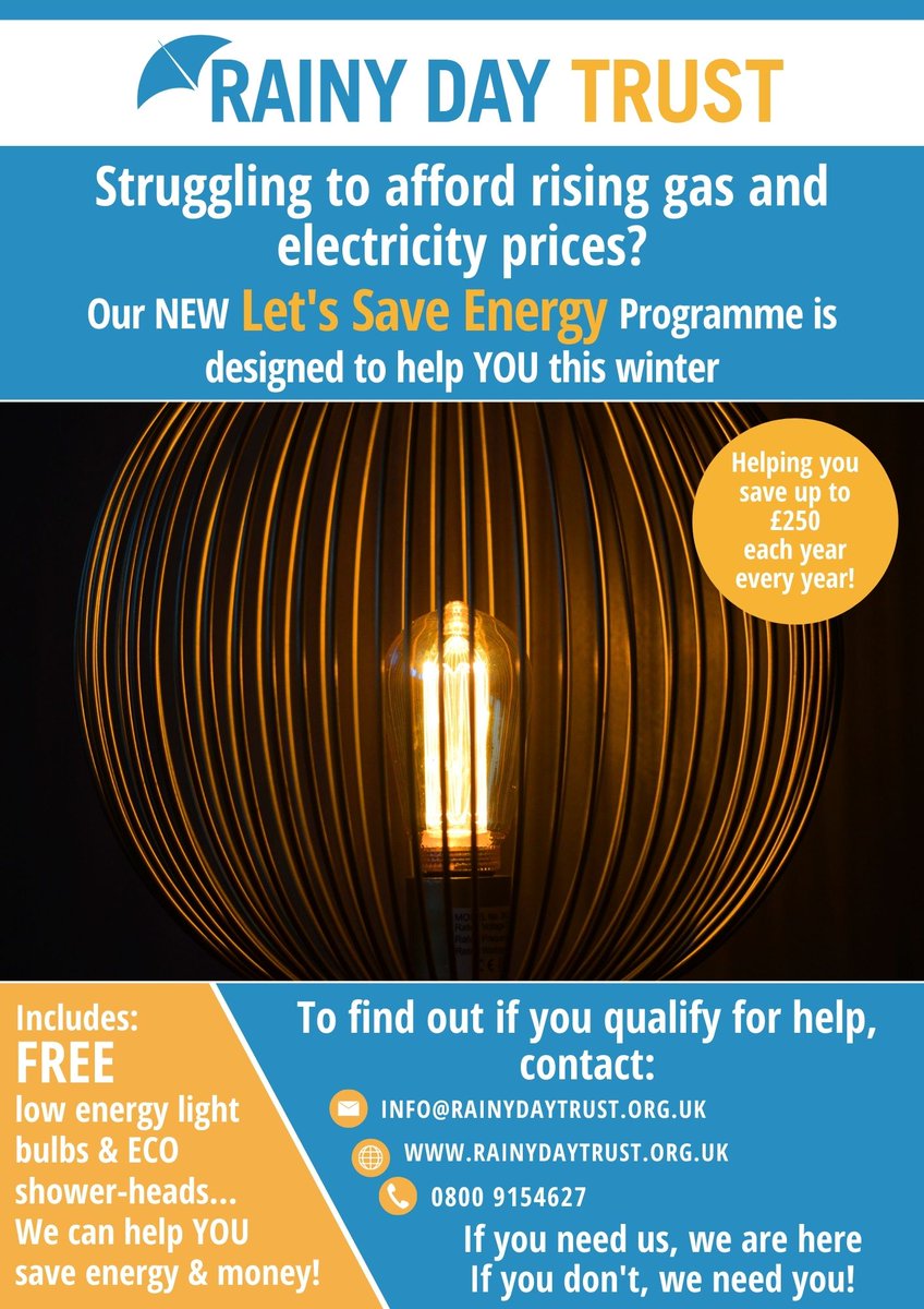 Rainy Day Trust (@rainydaytrust) on Twitter photo Don't forget our "Let's Save Energy" campaign, giving free LED lightbulbs, ECO shower heads & radiator reflectors to people on low incomes. We need industry partners to sponsor or support us with donated products. Can u help? email bryan@rainydaytrust.org.uk #letssaveenergy Don't forget our "Let's Save Energy" campaign, giving free LED lightbulbs, ECO shower heads & radiator reflectors to people on low incomes. We need industry partners to sponsor or support us with donated products. Can u help? email bryan@rainydaytrust.org.uk #letssaveenergy