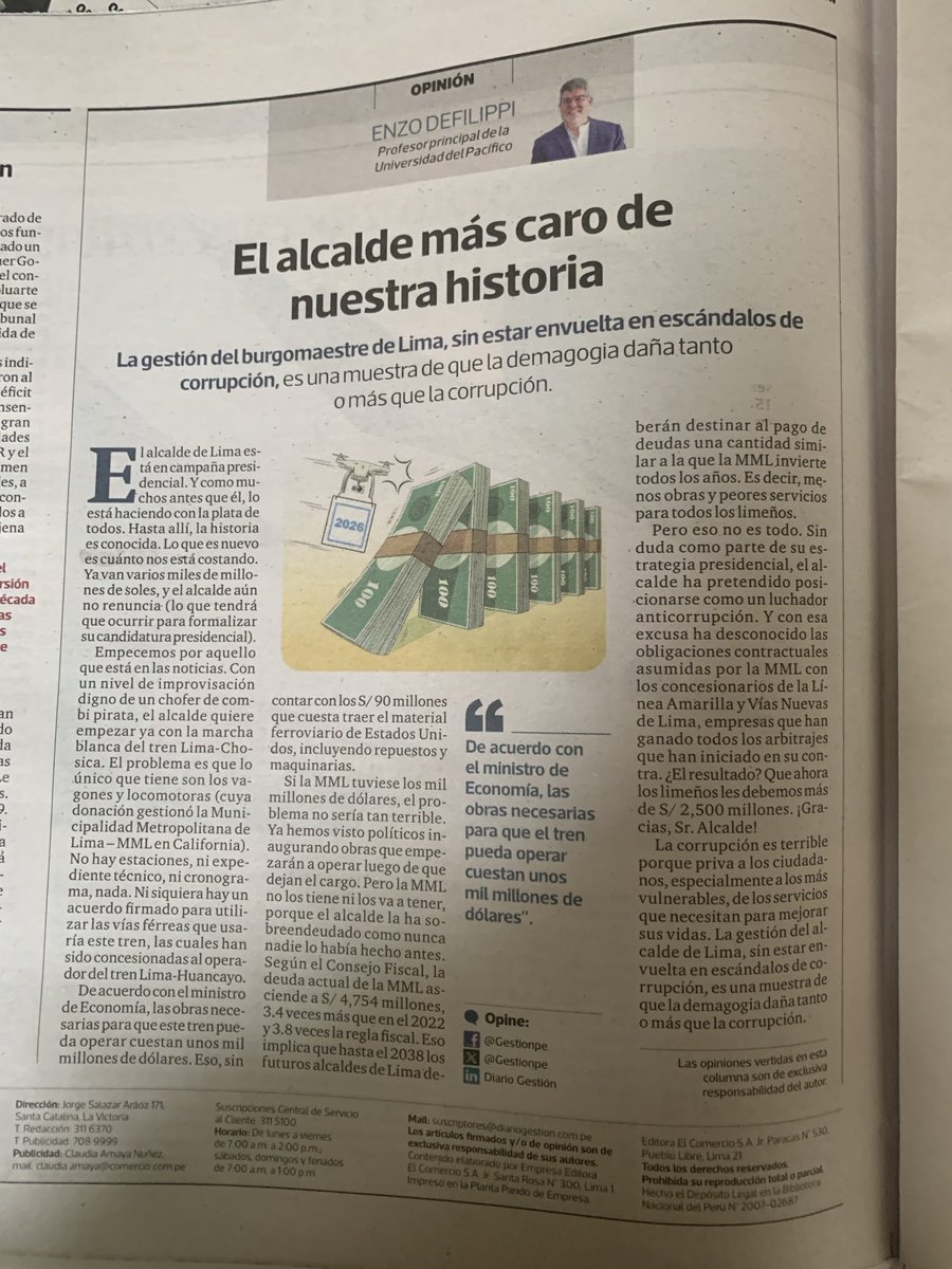 Terrible lo que dice Enzo Defilippi Peor aún: a este paso, el gobierno, el Congreso, el Tribunal Constitucional y el Alcalde de Lima, acabarán con el grado de inversión del Perú y retrocederemos décadas.