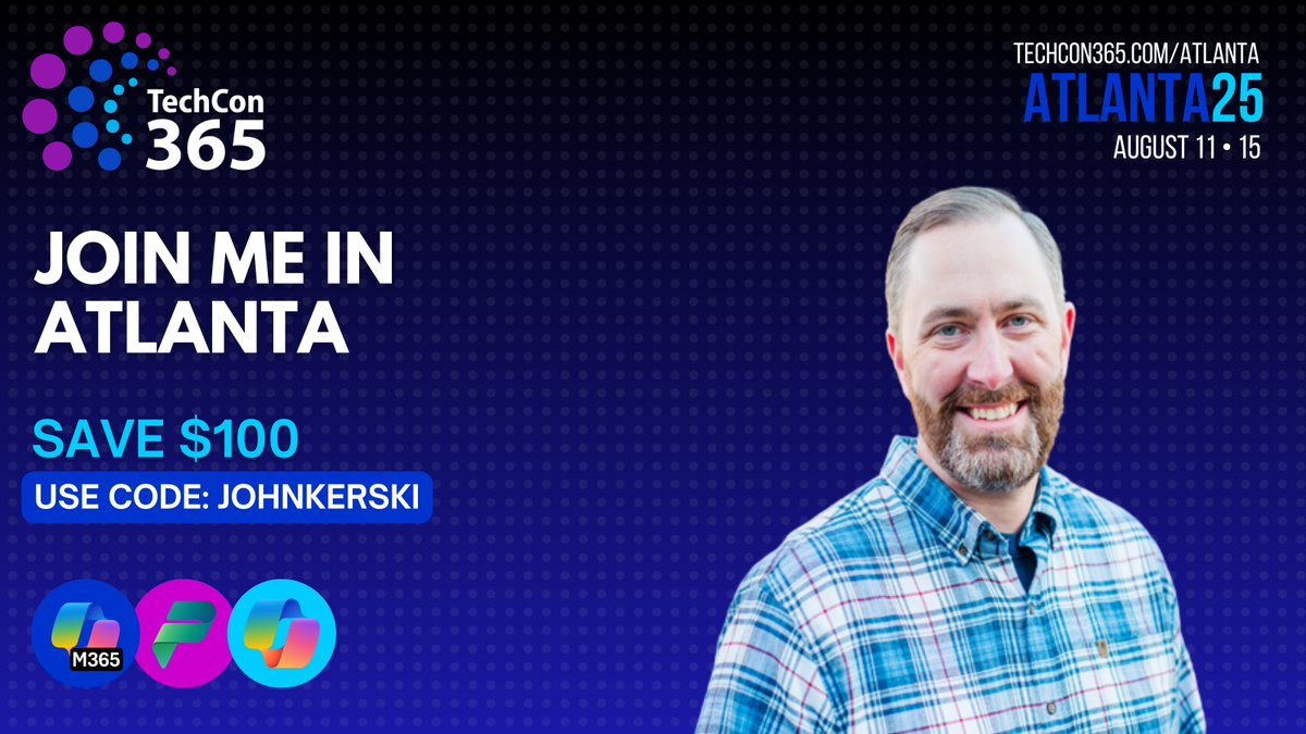 Got plans for August? Join me in Atlanta for TechCon 365, Aug 11-15! Hear experts like Laura Rogers (MVP), John White, &amp; Susan Hanley. Hope to see you there! 🎉 techcon365.com/Atlanta/tickets