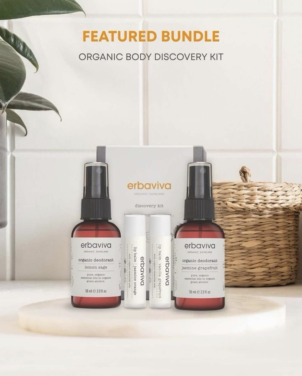 erbaviva's tweet photo. Curious about clean beauty? 

Start your journey with our Organic Body Discovery Kit. Featuring our award-winning deodorants in Jasmine Grapefruit and Lemon Sage, plus two bestselling lip balms your skin will love. 🙋🏼‍♀️ 

https://t.co/jB6zhkt8Tb https://t.co/GdhNAL3NUY