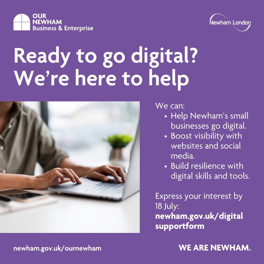 📣 Get free expert digital support to grow your business!

We’ll help you with:
💻 Websites
📱 Social media
🤖 AI tools
📈 SEO, CRM, e-commerce &amp; more

Apply by 18 July 👉 newham.gov.uk/digitalsupport…

#Newham #SMEs #DigitalSupport #SmallBusiness #AI